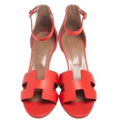 Pre Owned Hermes Red Leather Legend Ankle Strap Wedge Sandals Size 40