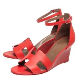 Pre Owned Hermes Red Leather Legend Ankle Strap Wedge Sandals Size 40