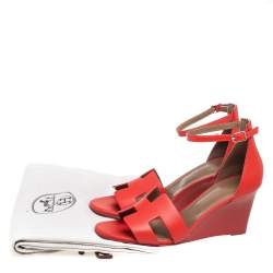 Pre Owned Hermes Red Leather Legend Ankle Strap Wedge Sandals Size 40