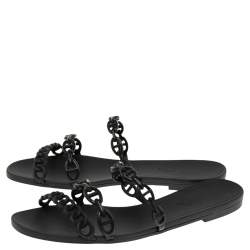 Hermes Black Rubber D'ancre Chaine Rivage Flat Slides Size 39