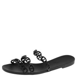 Hermes Black Rubber D'ancre Chaine Rivage Flat Slides Size 39