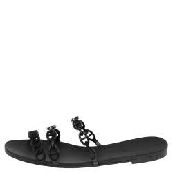 Hermes Black Rubber D'ancre Chaine Rivage Flat Slides Size 39