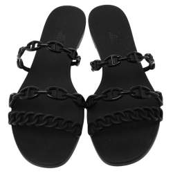Hermes Black Rubber D'ancre Chaine Rivage Flat Slides Size 39