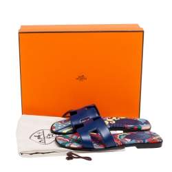 Pre Owned Hermes Navy Blue Leather Oran Flat Slide Sandals Size 36