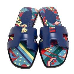 Pre Owned Hermes Navy Blue Leather Oran Flat Slide Sandals Size 36