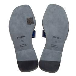 Pre Owned Hermes Navy Blue Leather Oran Flat Slide Sandals Size 36