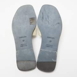 Pre Owned Hermes Beige Fabric Oran Dabka Embroidery Flat Slides Size 37