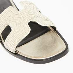 Pre Owned Hermes Beige Fabric Oran Dabka Embroidery Flat Slides Size 37