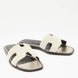 Pre Owned Hermes Beige Fabric Oran Dabka Embroidery Flat Slides Size 37