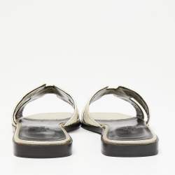 Pre Owned Hermes Beige Fabric Oran Dabka Embroidery Flat Slides Size 37