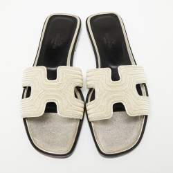 Pre Owned Hermes Beige Fabric Oran Dabka Embroidery Flat Slides Size 37