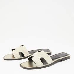 Pre Owned Hermes Beige Fabric Oran Dabka Embroidery Flat Slides Size 37