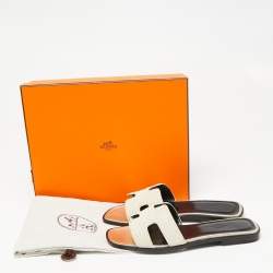 Pre Owned Hermes Beige Fabric Oran Dabka Embroidery Flat Slides Size 37