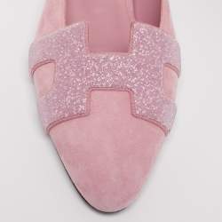 Pre Owned Hermes Pink Glitter And Suede Roxane Mule Flats Size 36