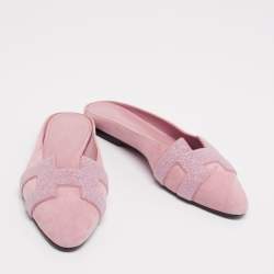 Pre Owned Hermes Pink Glitter And Suede Roxane Mule Flats Size 36