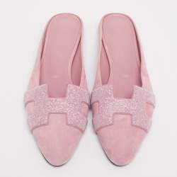 Pre Owned Hermes Pink Glitter And Suede Roxane Mule Flats Size 36