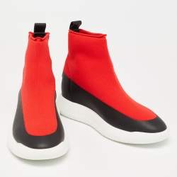 Hermes  Red/Black Fabric And Leather High Top Sneakers Size 37