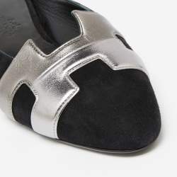 Hermes Black/Metallic Grey Suede and Leather Roxane Flat Mules Size 37