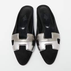 Hermes Black/Metallic Grey Suede and Leather Roxane Flat Mules Size 37