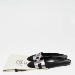 Hermes Black/Metallic Grey Suede and Leather Roxane Flat Mules Size 37