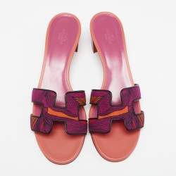 مملوكة مسبقًا Hermes Multicolor Printed Canvas And Leather Oasis Block Heel Slide Sandals Size 41
