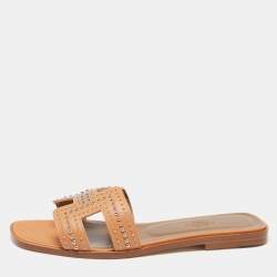 مملوكة مسبقًا صندل سلايد هيرمس أوران فلات جلد خوخي مرصع مقاس 37.5
