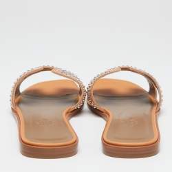 مملوكة مسبقًا صندل سلايد هيرمس أوران فلات جلد خوخي مرصع مقاس 37.5