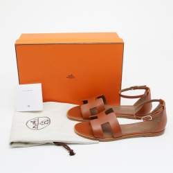 Hermes Brown Leather Santorini Ankle Strap Sandals Size 37