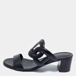 Pre Owned Hermes Black Leather Bikini Slide Sandals Size 36