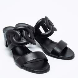 Pre Owned Hermes Black Leather Bikini Slide Sandals Size 36