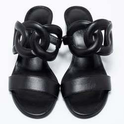 Pre Owned Hermes Black Leather Bikini Slide Sandals Size 36