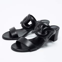 Pre Owned Hermes Black Leather Bikini Slide Sandals Size 36