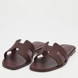 Pre Owned Hermés Bordeaux Epsom Leather Oran Slide Sandals Size 38