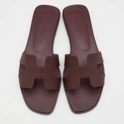 Pre Owned Hermés Bordeaux Epsom Leather Oran Slide Sandals Size 38