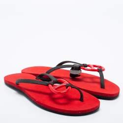 Hermes Red/Black Canvas Chene Dunkle Thong Flats Size 39