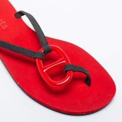 Hermes Red/Black Canvas Chene Dunkle Thong Flats Size 39