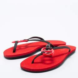 Hermes Red/Black Canvas Chene Dunkle Thong Flats Size 39