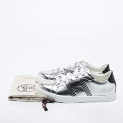 Hermes Silver Leather Avantage Low Top Sneakers Size 40