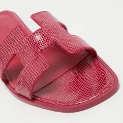 Hermes Pink Lizard Leather Oran Flat Slides Size 37.5