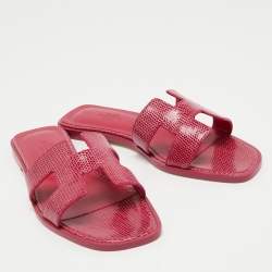 Hermes Pink Lizard Leather Oran Flat Slides Size 37.5