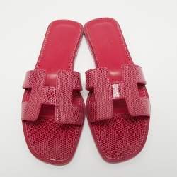 Hermes Pink Lizard Leather Oran Flat Slides Size 37.5