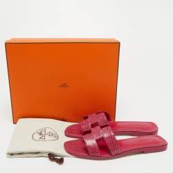 Hermes Pink Lizard Leather Oran Flat Slides Size 37.5