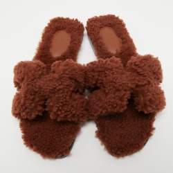 Pre Owned Hermès Brown Shearling Fur Oran Flat Slides Size 36