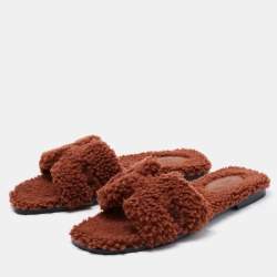 Hermes Brown Shearling Oran Slide Sandals Size 38.5