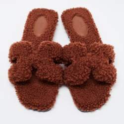 Hermes Brown Shearling Oran Slide Sandals Size 38.5