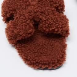 Hermes Brown Shearling Oran Slide Sandals Size 38.5