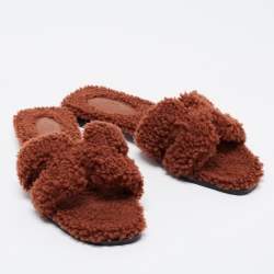 Hermes Brown Shearling Oran Slide Sandals Size 38.5