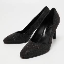 Pre Owned Hermes Black Glitter Round Toe Pumps Size 39.5
