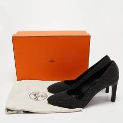 Pre Owned Hermes Black Glitter Round Toe Pumps Size 39.5
