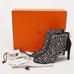Hermes Black/White Woven Leather and Suede Ankle Boots Size 39 